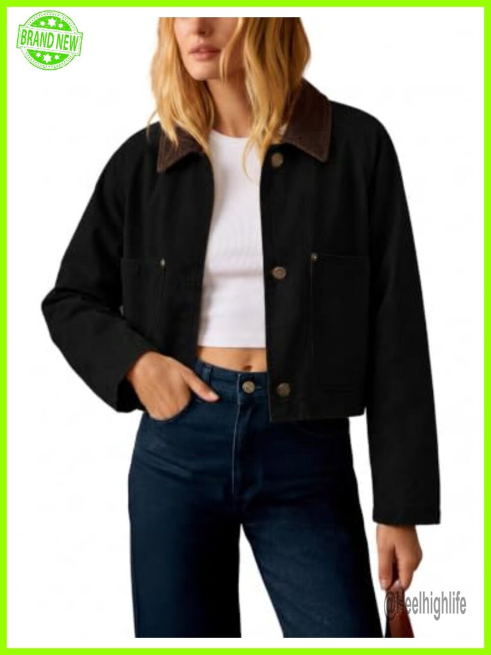 Women's Cropped Barn Jacket Corduroy Collar Button Down Long Sleeve Short Coat